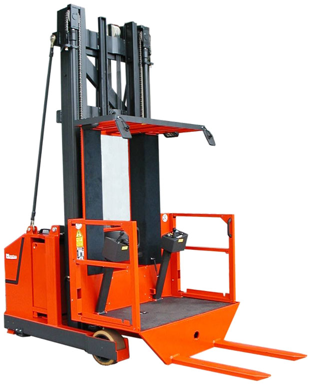 EV order selecting forklift with split rear controls and fork facing seat