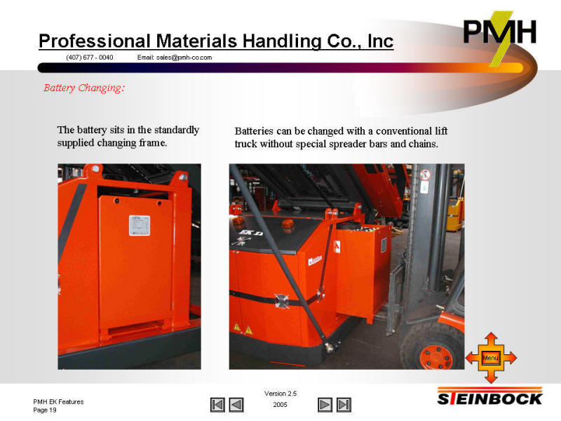 battery exchange with roller cart and winch on very narrow aisle forklift