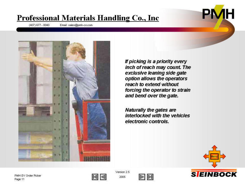 Narrow aisle order picker with patented lean out gates enhances order picking operations