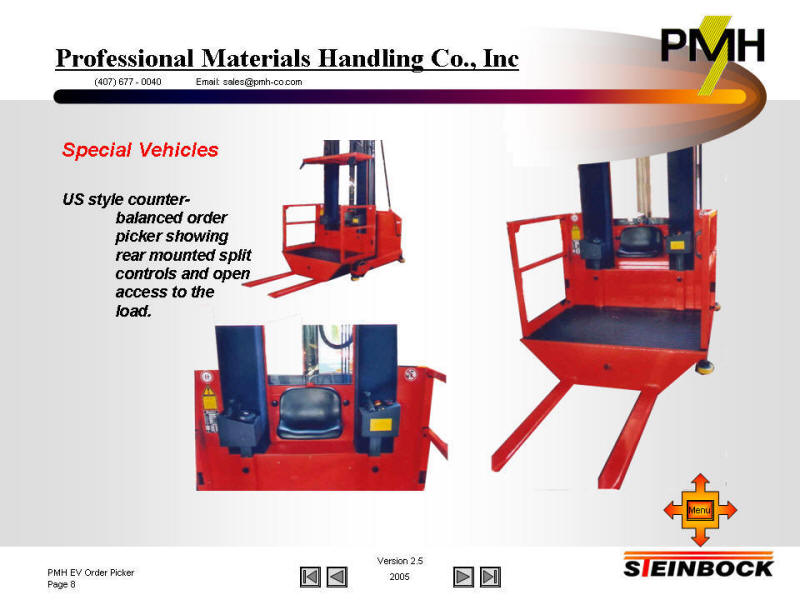 Counter balanced order picker with open access to pallets and rear operator controls