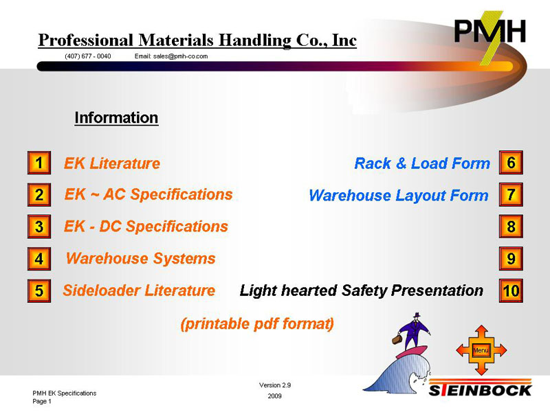 navigation graphic for specifications and brochures on the EK series turret forklift