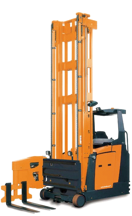 Man down narrow aisle forklift