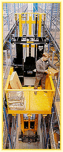Order selecting forklift operating within a narrow aisle
